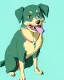 Placeholder: cute puppy eating cheese, art deco, romanticism, watercolor, visual novel, cheerful, furry, sleepy, rembrandt lighting, colorful lighting, blue, teal, aqua, red, purple, yellow, black, detailed, masterpiece