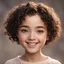 Placeholder: A girl with wheat skin, an oval face with a square chin, slightly full lips, thin black almond eyes, short curly hair, and a very cute smile.