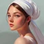 Placeholder: A beautiful and happy girl with a white headscarf painting in profile with a boomerang and painting tools