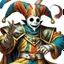 Placeholder: fantasy 90's tcg art jester with white mask happy heroic