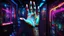 Placeholder: Surrealistic digital art, floating disembodied hand with intricate tattoos and colorful nail polish, glowing neon lights in the background, by Alex Grey and Salvador Dali, (long shot), dreamlike atmosphere