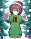 Placeholder: Girl with short brown hair, red eyes, green sweatshirt with a horizontal yellow stripe, he is wearing a Christmas hat, and in the background there are trees in the cold winter with lots of snow, Anime Hq style