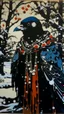 Placeholder: A contemporary serigraphy portrait by Matisse and Kunisada of a crow dressed with a punk leather jacket within a snowy Christmas atmosphere.