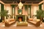 Placeholder: Inside an Art Deco living room with sofas, potted palms, with mirrors and brass sconces, incandescent, gleaming