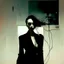 Placeholder: Dystopian future women with a twisted body falling with retro monitor head and handing wires. In desolate landscape low horizonline at night. With a concrete decaying blocks. Abstract oil painting in style of Justin Mortimer and Phil Hale
