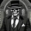 Placeholder: LINE TONE, WSJ STYLE, HEDCUT, ultra high image quality, HEAD AND SHOULDERS SHOT, SKELETON, WEARING A 3 PIECE SUIT, POSED FOR DOLLAR BILL PORTRAIT, , Close-up of an set against AMOLED-worthy pure black backdrop, fantasy art style infused with filter, tailored for vertical wallpaper, exclusive design with no duplicates, radiating beauty suitable for a PC screen image, vivid colors, ultra fine, digital painting, BASED ON THE UNITED STATES TREASURY NOTE ONE DOLLAR BILL