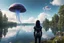 Placeholder: photorealistic photo of a woman with black hair, dressed in an android suit, looking out over a lake, at a mushroom with jellyfish tentacles with tall narrow cloud trees in the background