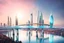 Placeholder: Dreamlike Skyline of Downtown futuristic hightech city in 4050 and a stunning futuristic Bridge During Sunlight with dark grey clouds in sky, over the azur-silver color river, cold colors, come storm, high detalied, sci-fi, landscape