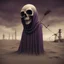 Placeholder: A reaper on the oilfields make for your shallow grave, wrap you in a flag and forget your name, by Anton Semenov, by Yves Tanguy, by Victor Pasmore, Westerngaze album cover illustration, scary sepia and purple complimentary shades, octane render, gritty, weird, volumetric lighting, abstract images