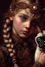 Placeholder: young girl with blonde braided hair and ornate headband, adorned with golden and pearl detailing, closely interacts with a Oriental shorthair Siamese chocolate point cat with vivid blue eyes. The style is hyperrealistic and impressionistic, with a focus on rich color palettes and detailed textures. Golds, browns, and blacks dominate the scene, creating a warm and mystical atmosphere. The girl's dress has intricate, decorative details, almost like a rich embroidered or embellished garment, with r
