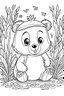 Placeholder: cute coloring page, sketch style, cute baby bearin the wood, cute cartoon, white and black, withe background, no shadows, outline.