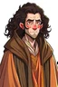 Placeholder: Light brown elf with pointy ears and black long curly hair with a beard and dark grey eyes wearing a zen monk robe