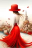 Placeholder: An abstract surreal painting of a woman with a red hat in front of a surreal town; symbolism; clear detailed dress with 3D texture brushlines; very very soft quilling; in the style of Hieronymus Bosch, Mandy Disher; light background; white red black gold and bronze, nature-inspired pieces; Bess Hamiti; multi-layered style; whimsical nature; ink painting; surreal style;