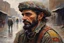 Placeholder: Howard Terpning oil painting a dreaming young Armenian embroidered soldier beard colored punk guy during rainy day oil painting art