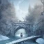 Placeholder: fantasy art of upper body of big wolf and wizard walking on very tight tree bridge over icy water