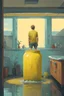 Placeholder: a picture of a guy bathing in a big yellow jar, he is in a boring home with his girlfriend, art style simon stålenhag