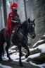 Placeholder: portrait of black knight using no armor, on semi transparent horse with red feather on stone bridge in mountain pass in snowy forest,shot on Hasselblad h6d-400c, zeiss prime lens, bokeh like f/0.8, tilt-shift lens 8k, high detail, smooth render, down-light, unreal engine, prize winning