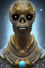 Placeholder: black male African Egyptian alien, cracks in the voodoo head, wicked, diamond eyes, crown, blood, 8k, finely detailed, photo realistic, tiger turquoise skull head gold dragon space alien snow skeleton gold teeth silver crown silver space suit spaceships