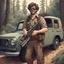 Placeholder: [Art Nouveau: Fujiwhara effect] Crazy artist with black goggles brown curly hair and a grayish beard in combat fatigue holding a hunting rifle in front of his international scout automobile in front of his vacation home which is in the woods