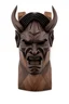 Placeholder: sculpture of wood totem a samourai warior head, oni, mouth open, angry face,