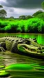 Placeholder: Green mystery lake, large crocodile