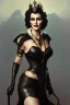 Placeholder: painting of evil queen in black leather, angry, strong, volouptous, busty, cleavage, emperious, mature, highly detailed, digital painting, artstation, concept art, smooth, sharp focus, illustration, art by gaston bussiere and alphonse mucha