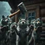 Placeholder: A group of anthropomorphic wolves react in surprise as one large hammer flies in the air against the wall of the wooden building. in the background other anthropomorphic wolves watch the scene unfold with expressions of shock and with surprise faces. one young anthropomorphic wolf in bodyhair stands in the foreground held up empty two paws, high realistic, detailed,dark fantasy mood, rain, cinematic