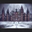 Placeholder: Portrait of a wide dark castle on a snowy mountain, oil painting, symmetrical, architecture, medieval, fantasy, superrealistic, dark colors, HD, 4K