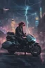 Placeholder: Science fiction, cyberpunk, city street, couple girl and guy, together, love at first sight, forbidden love, storm, lightning, motorcycle