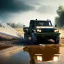 Placeholder: photorealistic shot, muddy military toy truck, monotone color palette, sharp focus, puddle reflection, tire water splash, refraction, mist on the horizon, shadowcast, detailed and intricate, cinematic composition, micro, tilt shift photography