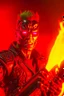 Placeholder: 4k realistic terminator surrounded by flames with a red punk crest playing bass.