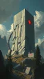 Placeholder: Bosch painting style giants alien building the paramount carrying a big cubicle stones