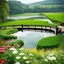 Placeholder: a round stage in country side in center of picture ,green field ,flowers , small river,camera looking at horison