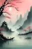 Placeholder: A misty mountain range with ancient temples perched on cliffs, overlooking a flowing river. Bamboo forests and cherry blossom trees surround the scene. Ethereal mist rises, and a stone bridge arches over the river. Traditional boats float on the water, with a tranquil dawn casting a gentle glow. Add pagodas, lanterns, and silhouettes of warriors practicing calligraphy. --style Chinese ink art