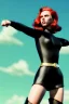 Placeholder: retro portrait image from 1960, sky background, wind, long red hair, fighting stance, sweet young Scarlett Johansson, black dress, classic long tight lycra black suit, gold bracelet and belt, high heel boots, superhero style, soft color, highly detailed, unreal engine 5, ray tracing, RTX, lumen lighting, ultra detail, volumetric lighting, 3d, finely drawn, high definition, high resolution.