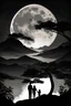 Placeholder: Mom 180cm, dad 180cm and 2year old daughter 90 cm watching the most beautiful moonrise over the mountains. Silhouette from behind. Make the man Taiwanese and the woman Hispanic