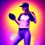 Placeholder: a girl wearing a baseball cap holding a small boombox in her hand, full shot. paint splashes, outrun, vaporware, shaded flat illustration, digital art, trending on artstation, highly detailed, fine detail, intricate