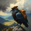 Placeholder: oil painting in titian style, air is charged with magic around huge storm pigeon crow bird carrying backpack, wearing hunters hat, with wings and beard and hair is full of feathers above holy valley, seen from above