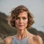 Placeholder: beautiful anorexic woman, standing frontal, short silver triathlon swimsuit, wavy bob haircut, photographed in front of beach, raw