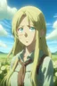 Placeholder: Attack on Titan screencap of a female with long, wavy light hair and big greenish blue eyes. Beautiful background scenery of a flower field behind her. With studio art screencap.