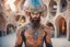 Placeholder: editorial photo,Otherworldly, Austrian Symbolism, arcane atmosphere, futuristic high detail handsome beard Actor guy with helmet glass shell Gods body-paint tight-fitting costume poses in the Gaudi BurningMan town by Elena Kalis, Peter McKinnon