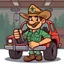 Placeholder: retro cartoon company mascot of a vehicle mechanic with a forest ranger shirt, doing an oil change