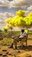 Placeholder: Sudanese man sitting on a chair , overseeing vast destruction and smoke