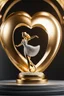 Placeholder: A magnificent golden and silver heart-shaped sign adorned with a stunning golden sphere encrusted with sparkling diamond clusters at its center, elegantly spinning in position,a girl golden statue in standing pose