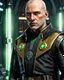 Placeholder: star wars bald male corellian jedi pilot wearing black and gunmetal grey old republic armored robes with gold trim inside the jedi temple holding a lightsaber with viridian green blade in left hand, centered head and shoulders portrait, hyperdetailed, dynamic lighting, hyperdetailed background, 8k resolution, volumetric lighting, light skin, fully symmetric details