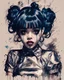 Placeholder: Poster in two gradually, a one side the Singer Melanie Martinez face, full body, painting by Yoji Shinkawa, darkblue and sepia tones,sinister, detailed iridescent, metallic, translucent, dramatic lighting, hyper futuristic, digital art, shot with Sony Alpha a9 Il and Sony FE 200-600mm f/5.6-6.3 G OSS lens, natural light, hyper realistic photograph, ultra detailed -ar 3:2 -q 2 -s 750,malevolent goth vampire girl face and other side