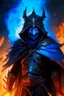 Placeholder: A warrior with a matte black combat helmet and eyes with bright blue flaming pupils, a black cape and a long coat with long combat boots and a long, sharp and fiery spear and with his helmet under A picture of hell with hellish people in tormenthis cape and two blue flames instead of eyes