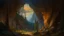 Placeholder: A large cave opening in a secluded mountain alcove, rocky cliffs, dimly lit, burt pine trees, scorched earth, many craggs, realistic, medieval, painterly, Bob Ross painting