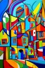 Placeholder: colorful abstract art with straight and lines mixed with curves and houses