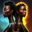 Placeholder: 3D. Detailed Painting .realistic. Dark skin women. Beautiful. the faces of two young black women. Warm. Fire nymphs emerging from the flames.red.. Energy. Focus. THeir hair looks like smoke .smoke curling. Dreadlocs. Their skin is the colour of charcoal . Their hair moves like smoke. . their clothing is made of flames, red. Orange. Yellow. White and gold